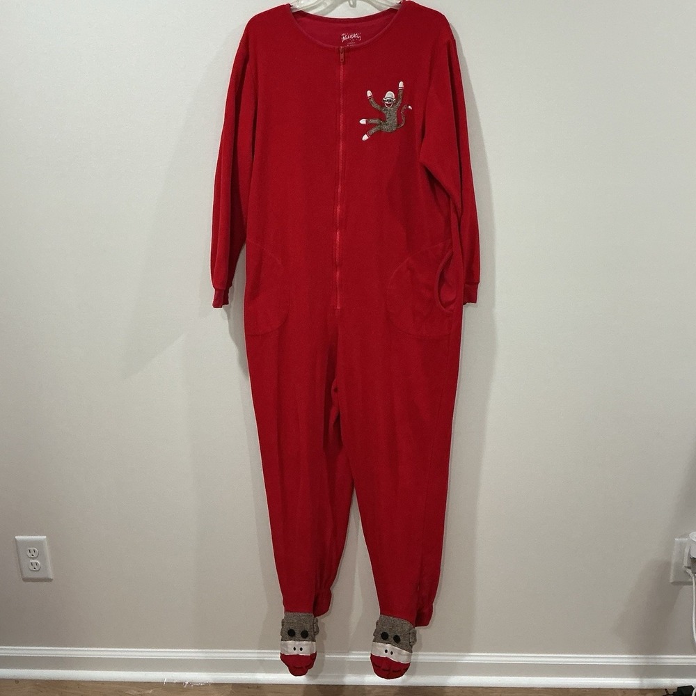 Nick & Nora Red Sock Monkey Footed One-Piece pajama Sleepwear Large